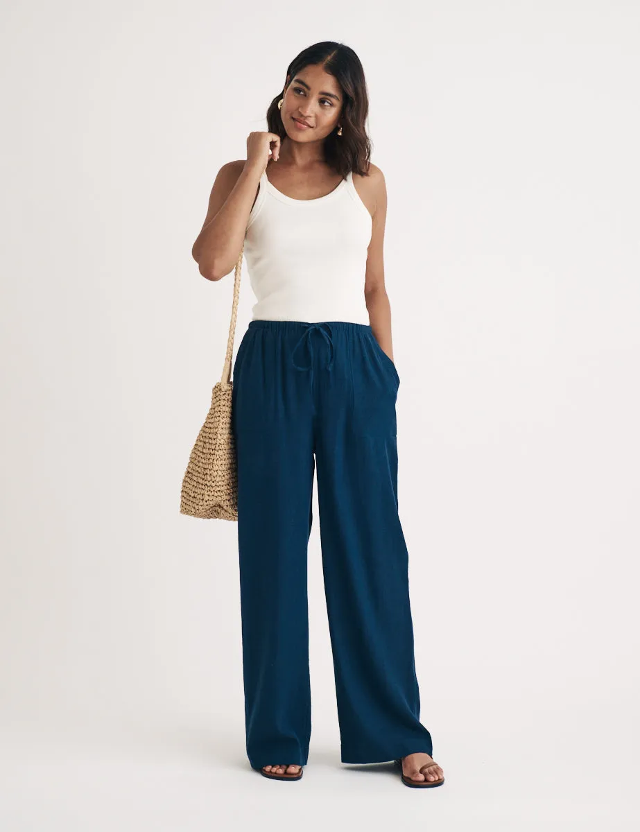 Blue Linen-blend Drawstring Trousers sold by Nobody's Child