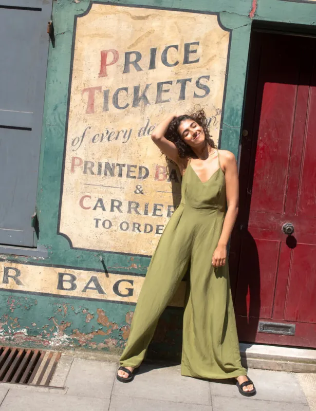 Khaki Linen-blend Wide Leg Maryana Jumpsuit sold by Nobody's Child