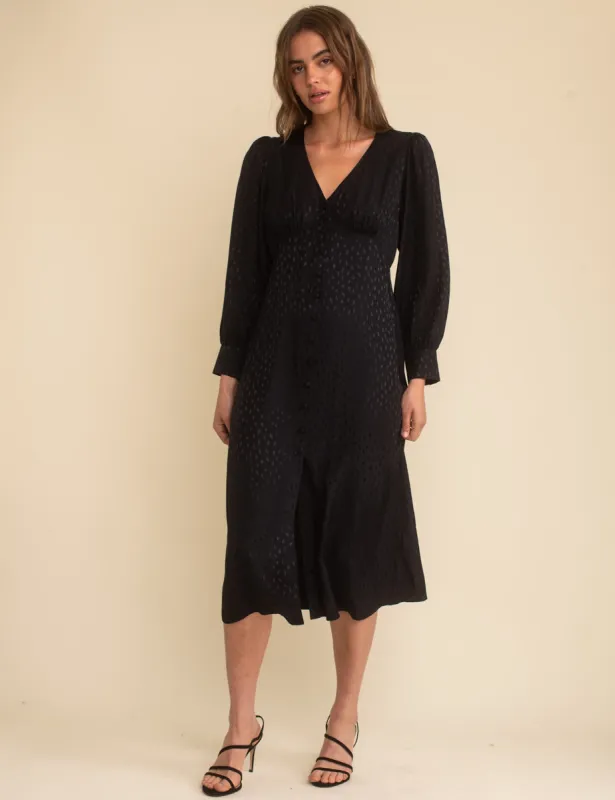 Petite Black Satin Jacquard V-Neck Tasha Midi Dress sold by Nobody's Child