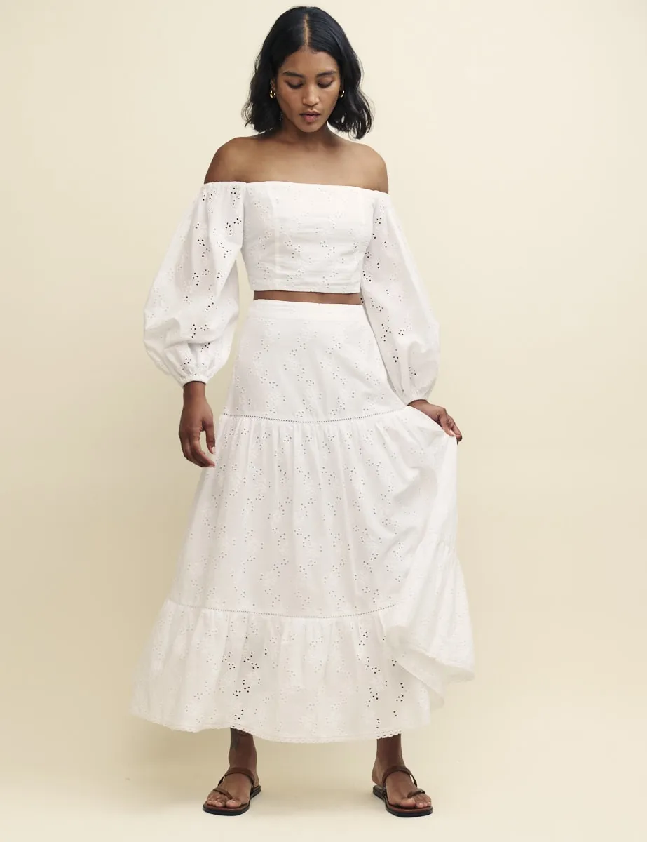 White Broderie Tiered Midi Skirt sold by Nobody's Child