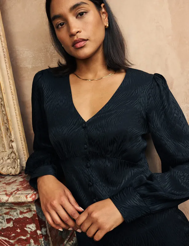 Black Animal Print Satin Jacquard Tasha Midi Dress sold by Nobody's Child