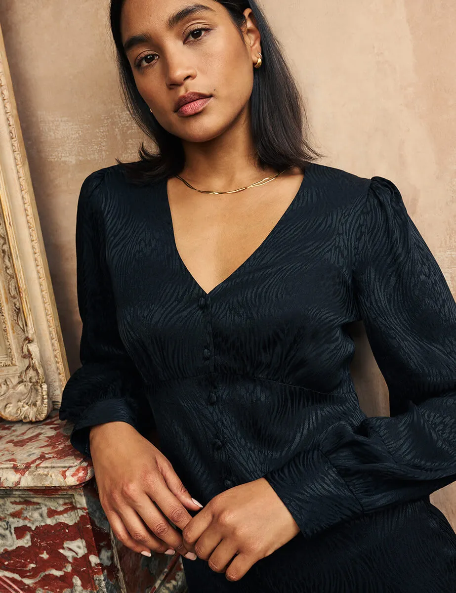 Black Animal Print Satin Jacquard Tasha Midi Dress sold by Nobody's Child