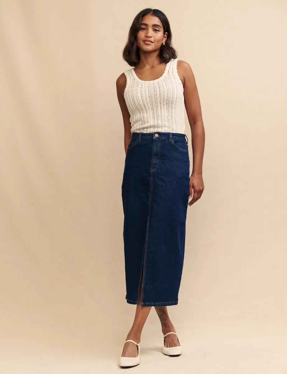 Dark Denim Front Slit Midi Skirt sold by Nobody's Child