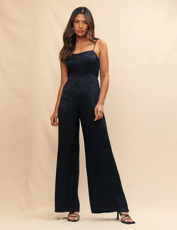 Black Satin Jacquard Maddy Jumpsuit sold by Nobody's Child