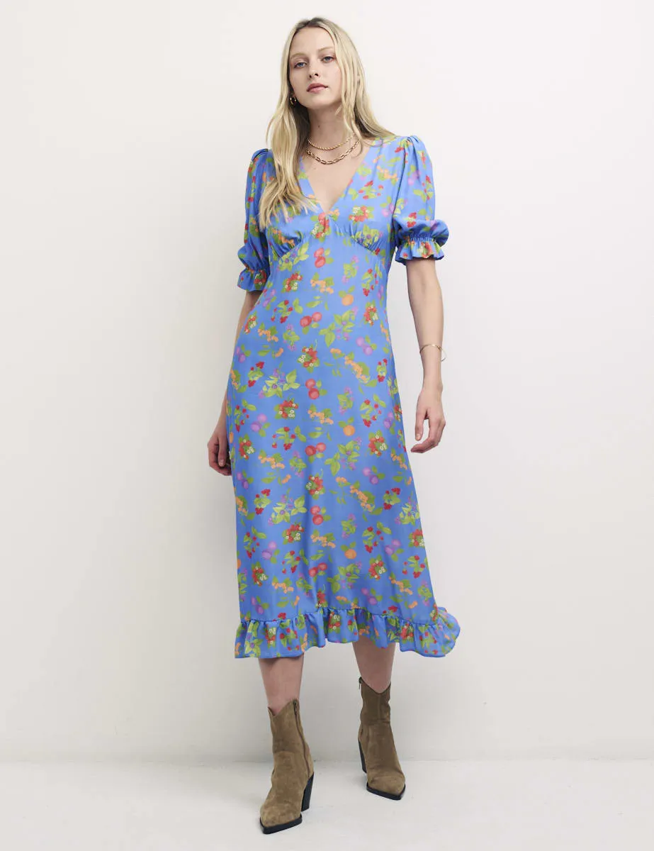 Blue Fruit Print Delilah Midi Dress sold by Nobody's Child