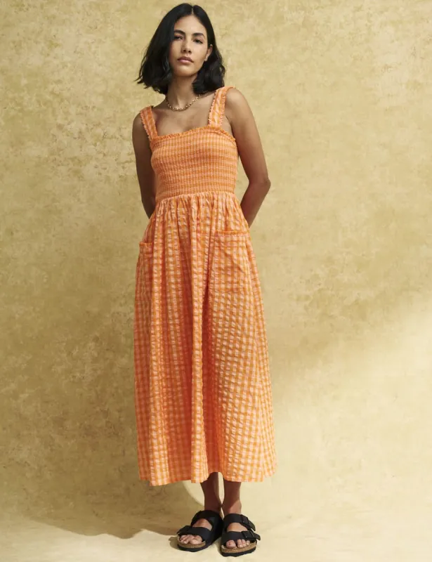 Orange Gingham Check Shirred Dionne Midi Dress sold by Nobody's Child