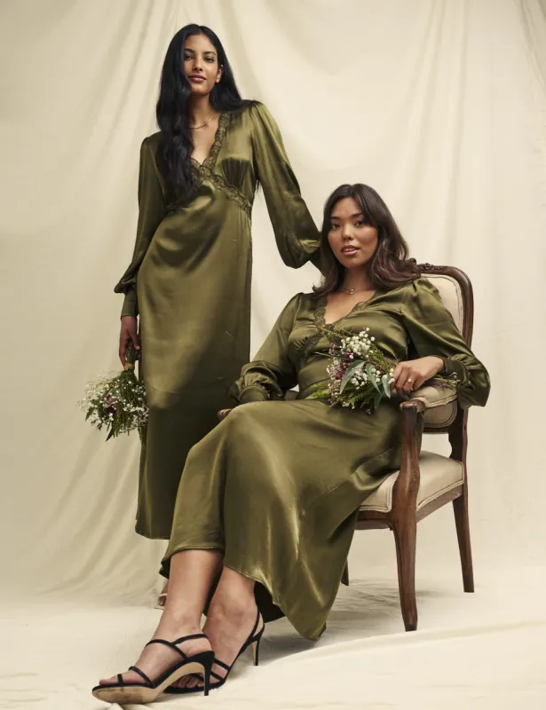 Olive Green Satin Lace Trim Nessy Bridesmaid Midaxi Dress sold by Nobody's Child