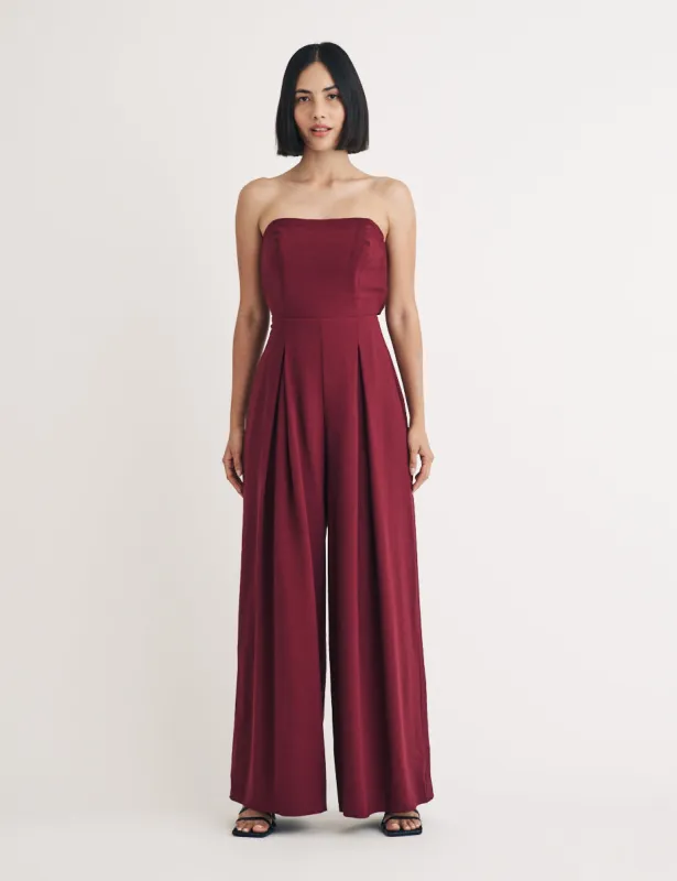 Burgundy Bandeau Rory Jumpsuit sold by Nobody's Child