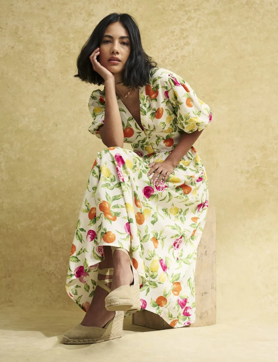 White Fruit Print Starlight Midaxi Dress sold by Nobody's Child