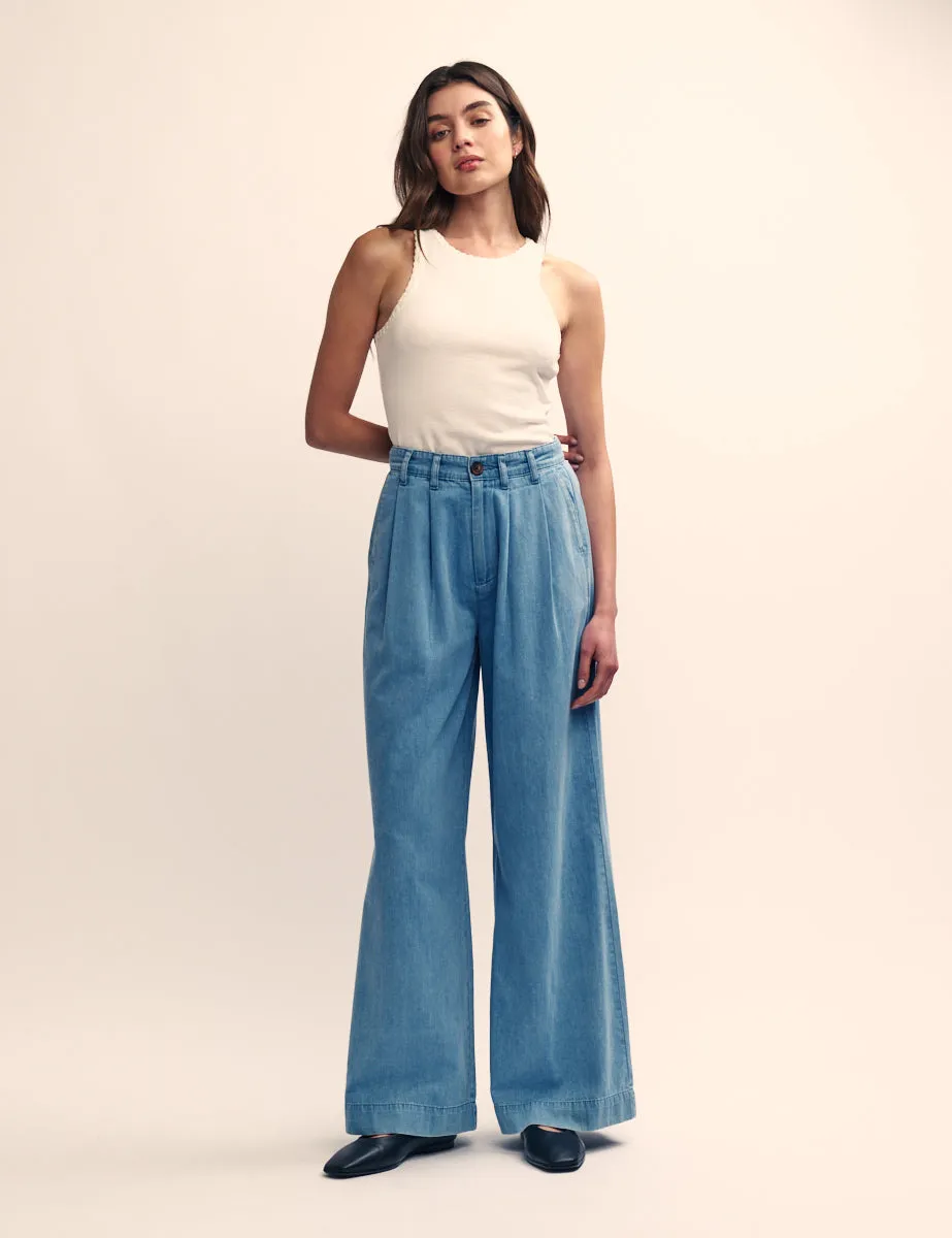 Mid Wash Blue Denim Double Pleated Wide Leg Ava Trousers sold by Nobody's Child