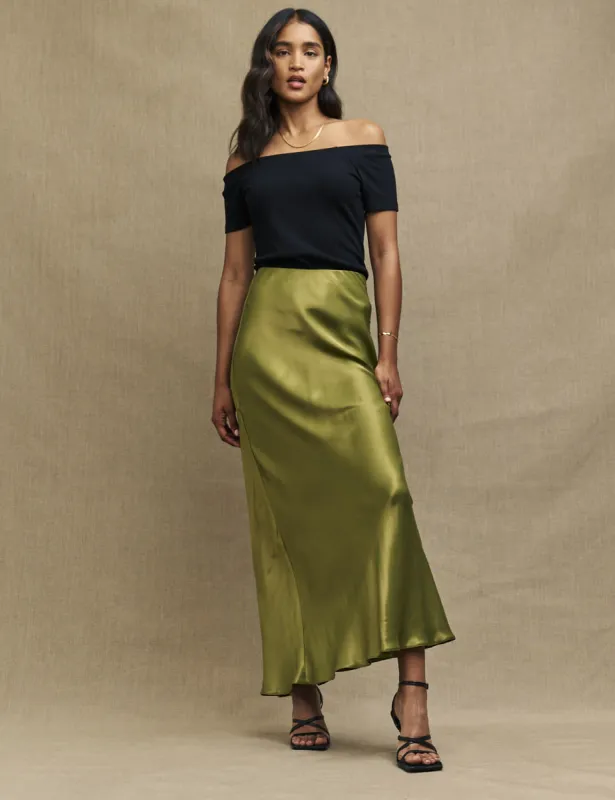 Petite Olive Green Mila Satin Maxi Skirt sold by Nobody's Child