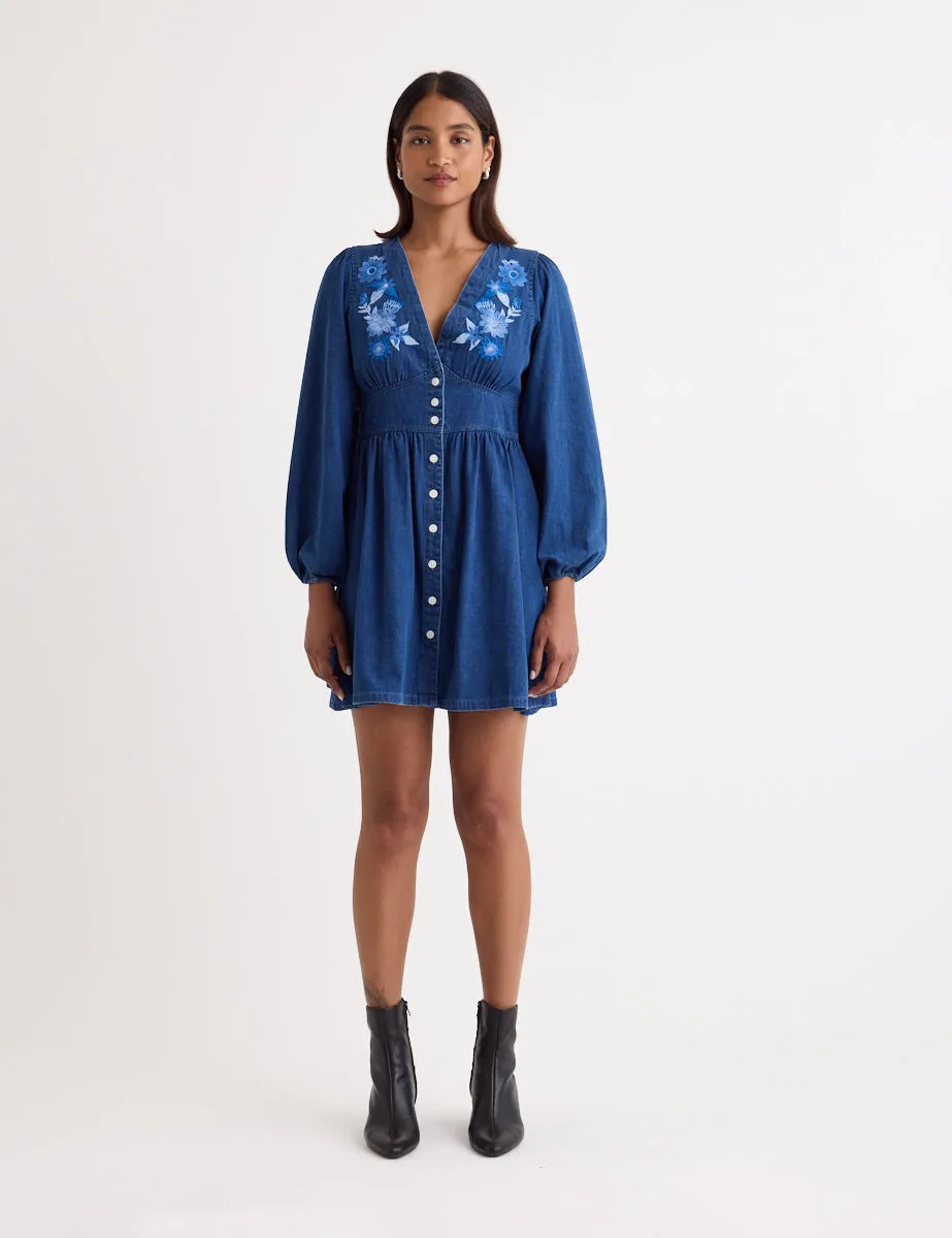 Denim Embroidered Long Sleeve Starlight Mini Dress sold by Nobody's Child