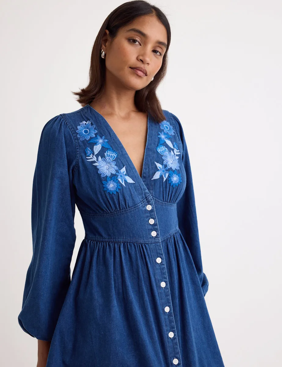 Denim Embroidered Long Sleeve Starlight Mini Dress sold by Nobody's Child product image thumbnail 3