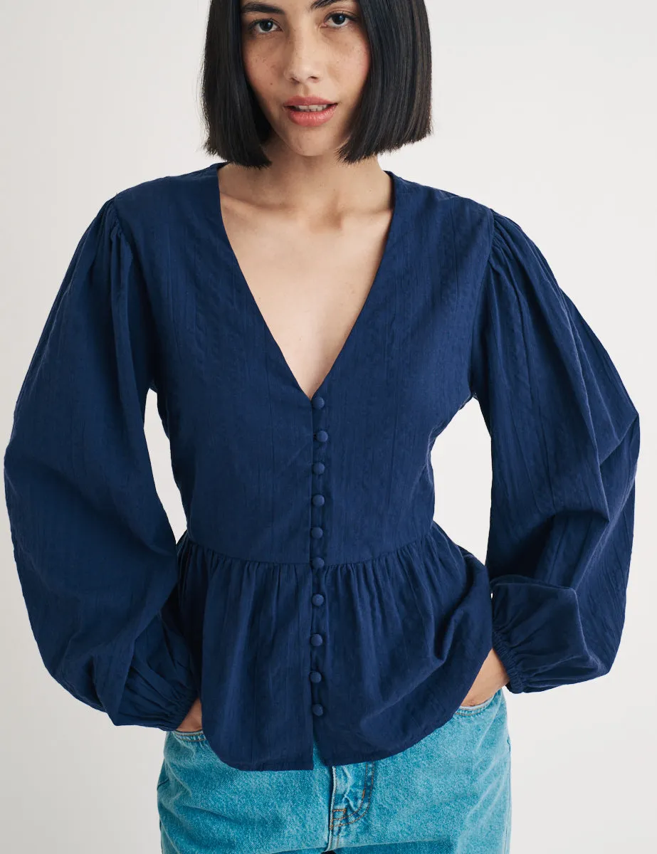 Navy Balloon Sleeve Ria Blouse sold by Nobody's Child