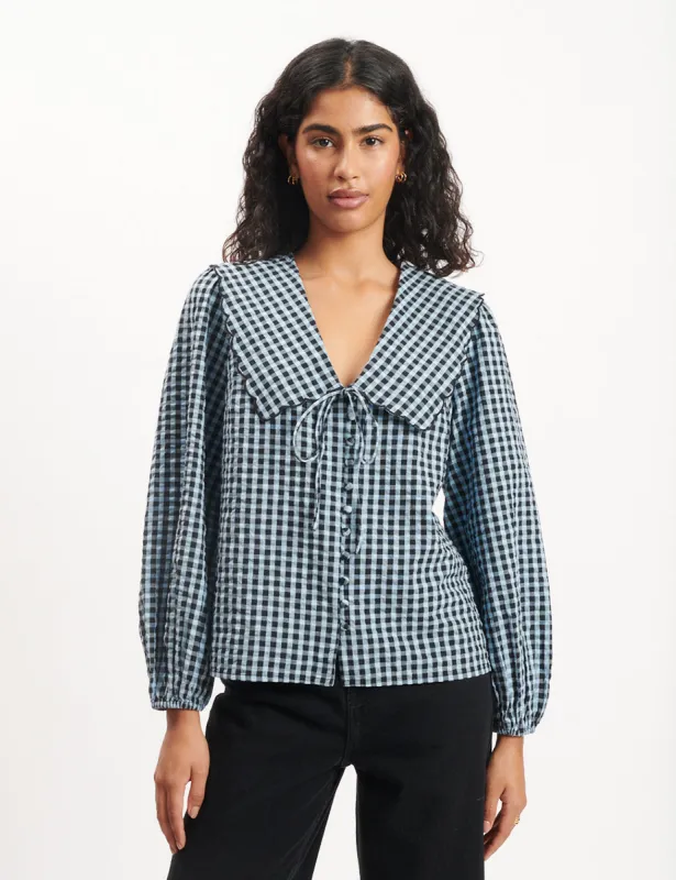 Blue Gingham Long Sleeve Birdie Blouse sold by Nobody's Child