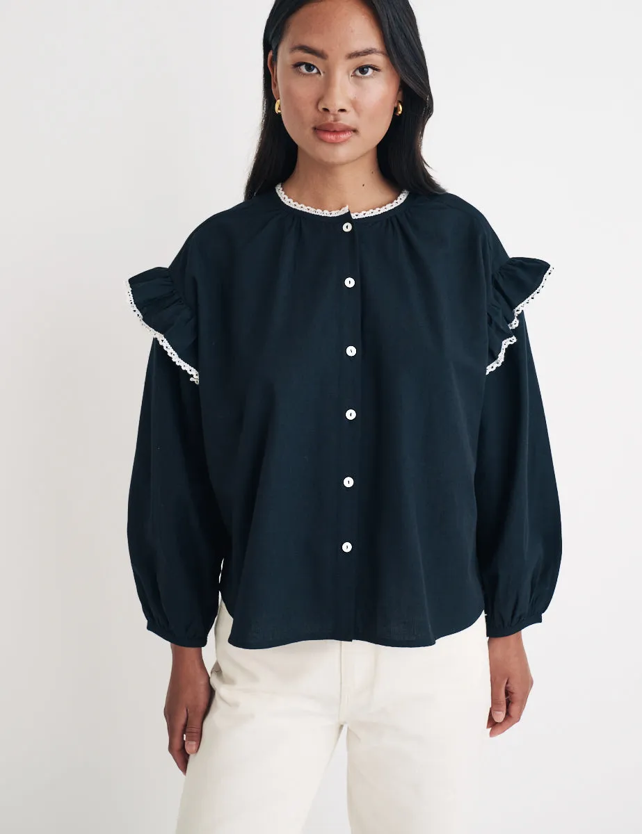 Black Contrast Trim Blouse sold by Nobody's Child