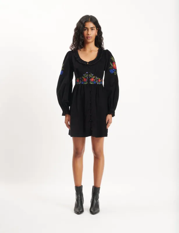 Black Floral Embroidered Cord Flossie Mini Dress sold by Nobody's Child