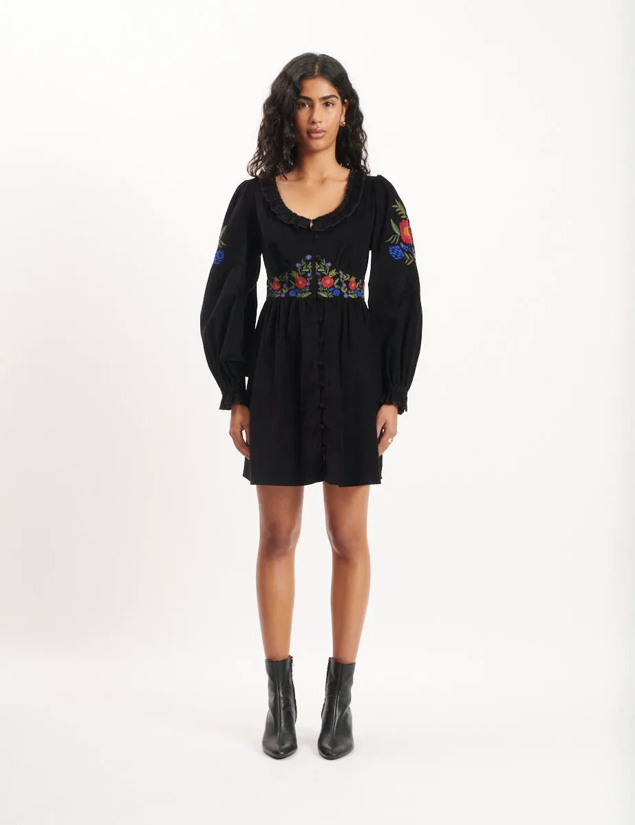 Black Floral Embroidered Cord Flossie Mini Dress sold by Nobody's Child
