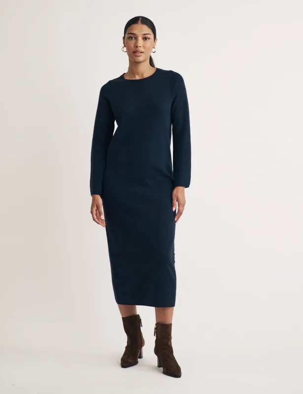 Navy Long Sleeve Knitted Midi Jumper Dress sold by Nobody's Child