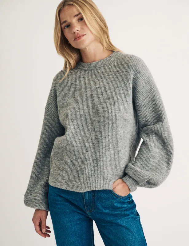 Grey Puff Sleeve Wool Blend Knitted Jumper sold by Nobody's Child