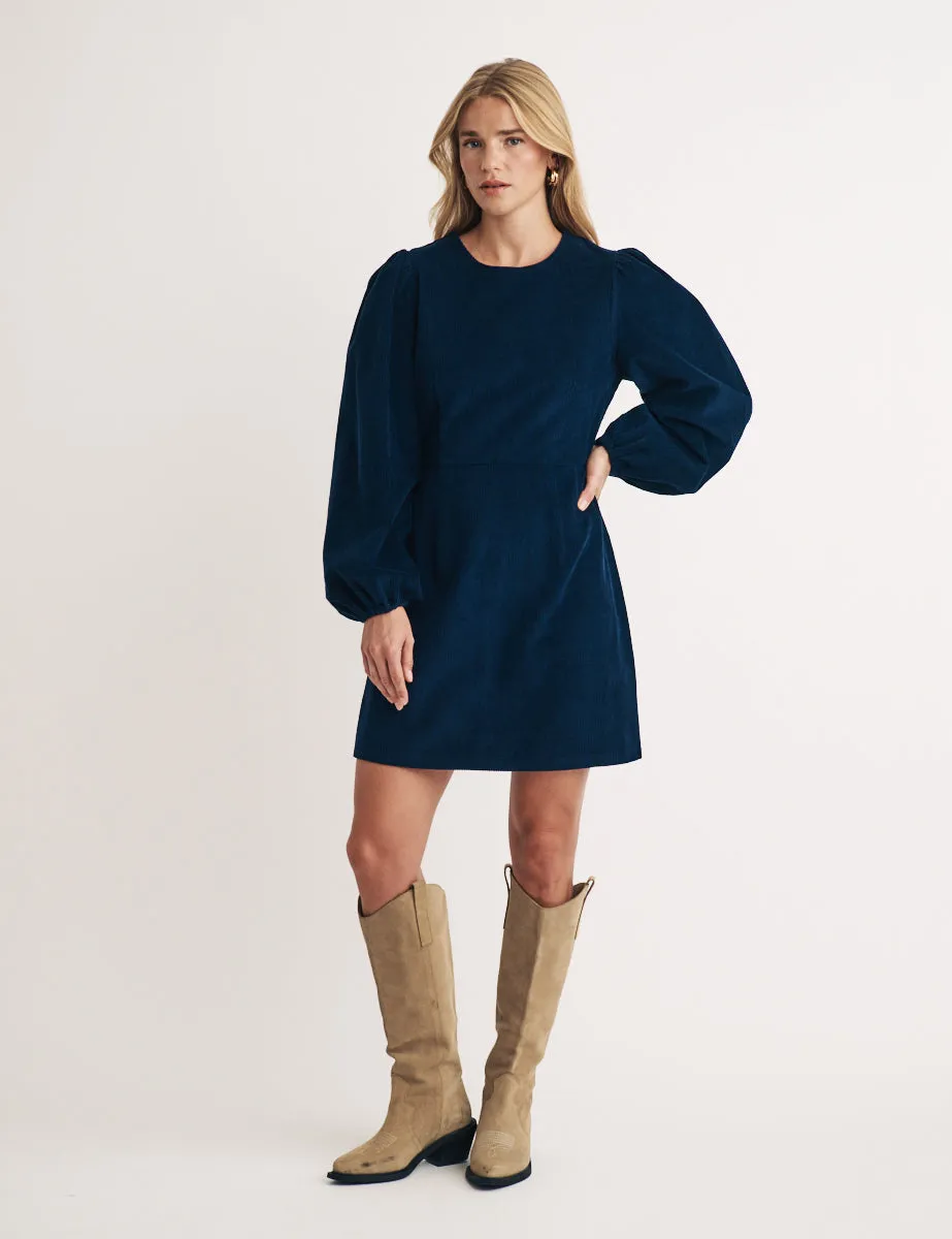 Navy Cord Balloon Sleeve Patras Mini Dress sold by Nobody's Child