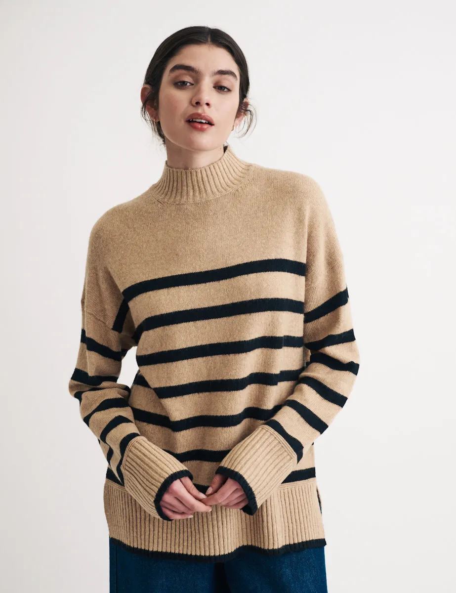Beige Striped Funnel Neck Longline Knitted Jumper sold by Nobody's Child