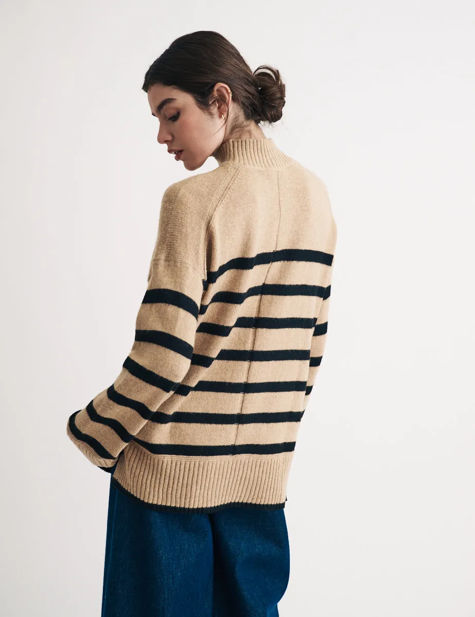 Beige Striped Funnel Neck Longline Knitted Jumper sold by Nobody's Child product image thumbnail 4