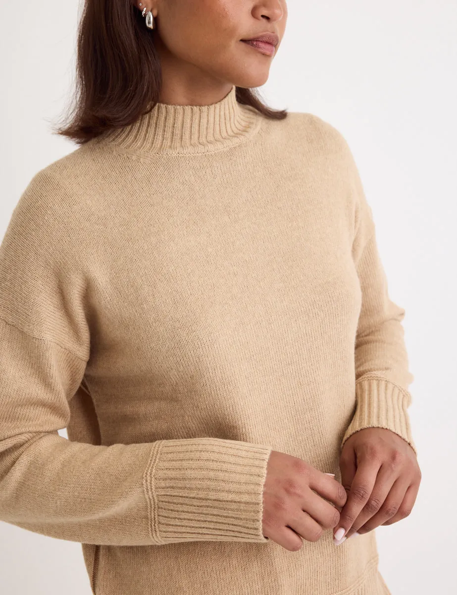Beige Funnel Neck Longline Knitted Jumper sold by Nobody's Child