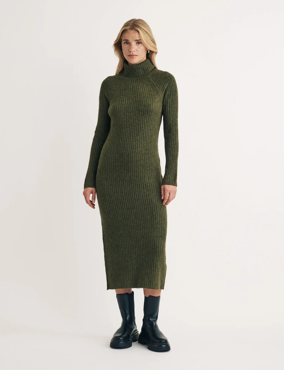 Khaki Knitted Roll Neck Wool Blend Midi Jumper Dress sold by Nobody's Child