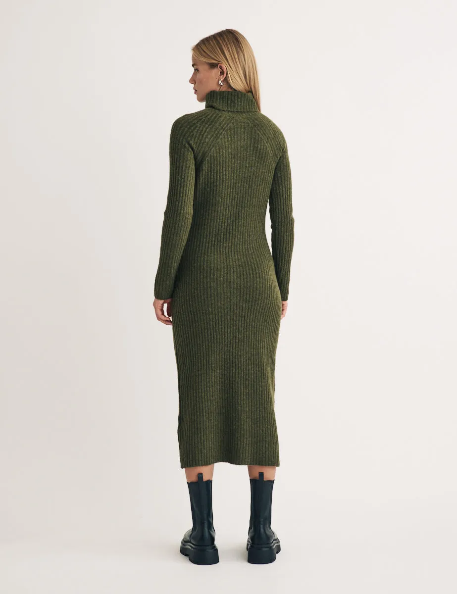 Khaki Knitted Roll Neck Wool Blend Midi Jumper Dress sold by Nobody's Child product image thumbnail 4