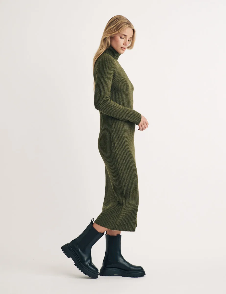 Khaki Knitted Roll Neck Wool Blend Midi Jumper Dress sold by Nobody's Child product image thumbnail 3