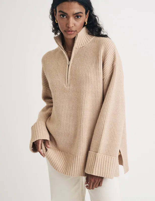 Beige Knitted Oversized Half Zip Jumper sold by Nobody's Child