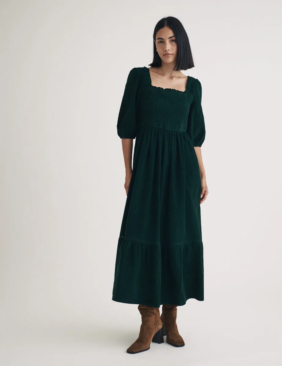 Dark Green Cord Elsa Midi Dress sold by Nobody's Child