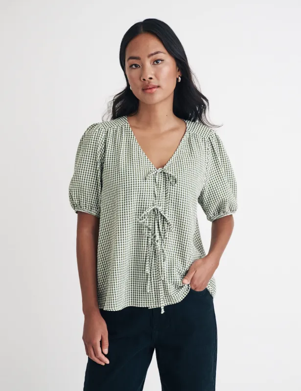 Green Gingham Tie Front Bernadetta Blouse sold by Nobody's Child