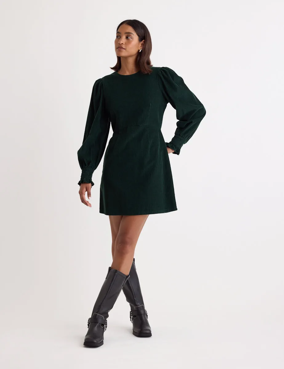 Green Cord Balloon Sleeve Patras Mini Dress sold by Nobody's Child product image thumbnail 3
