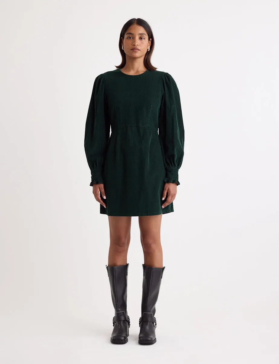 Green Cord Balloon Sleeve Patras Mini Dress sold by Nobody's Child