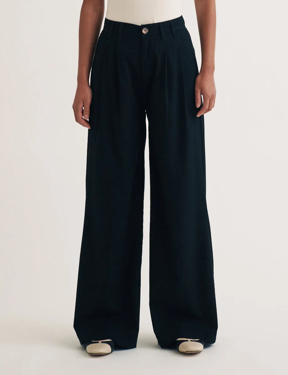 Black Twill Pleated Wide Leg Ava Trousers sold by Nobody's Child