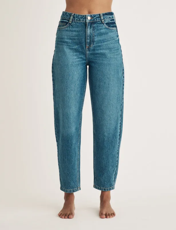 Blue High Rise Putney Barrel Leg Jeans sold by Nobody's Child