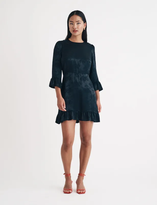 Black Floral Satin Jacquard Fleur Mini Dress sold by Nobody's Child