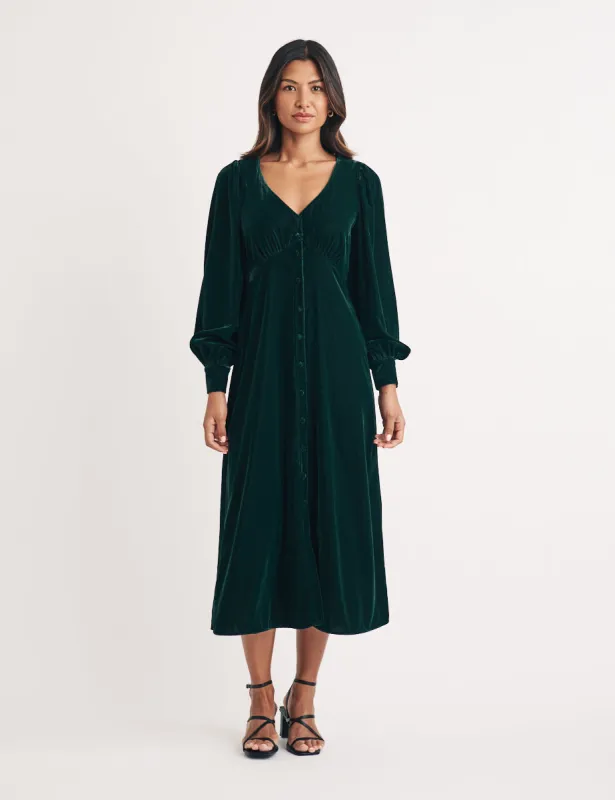 Green Velvet Balloon Sleeve Tasha Midi Dress sold by Nobody's Child