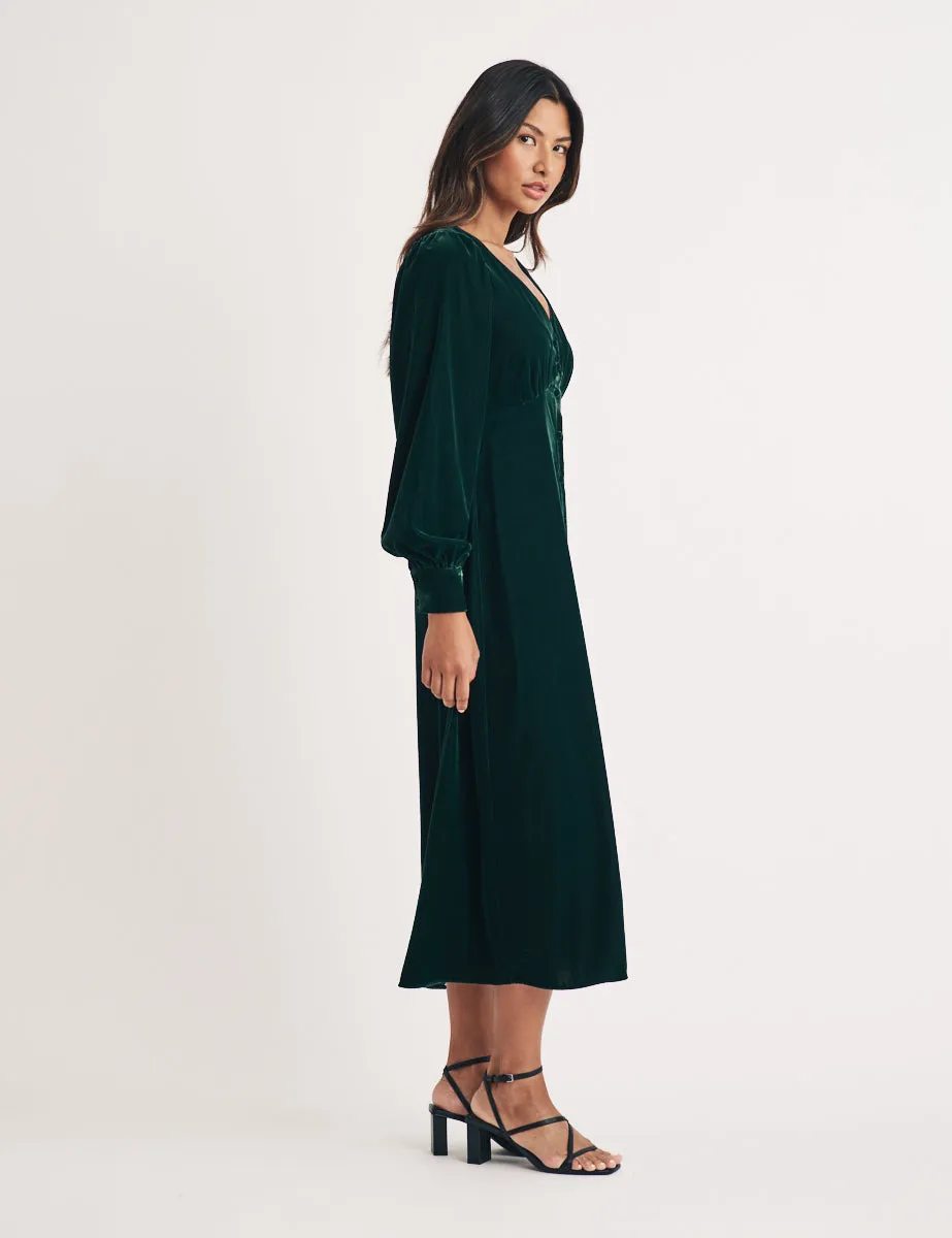 Green Velvet Balloon Sleeve Tasha Midi Dress sold by Nobody's Child product image thumbnail 3