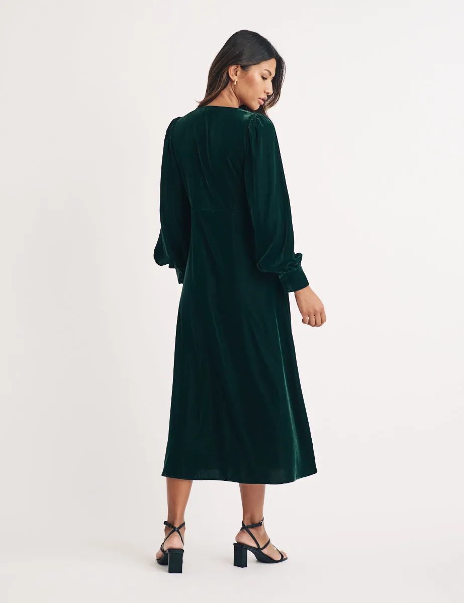 Green Velvet Balloon Sleeve Tasha Midi Dress sold by Nobody's Child product image thumbnail 4