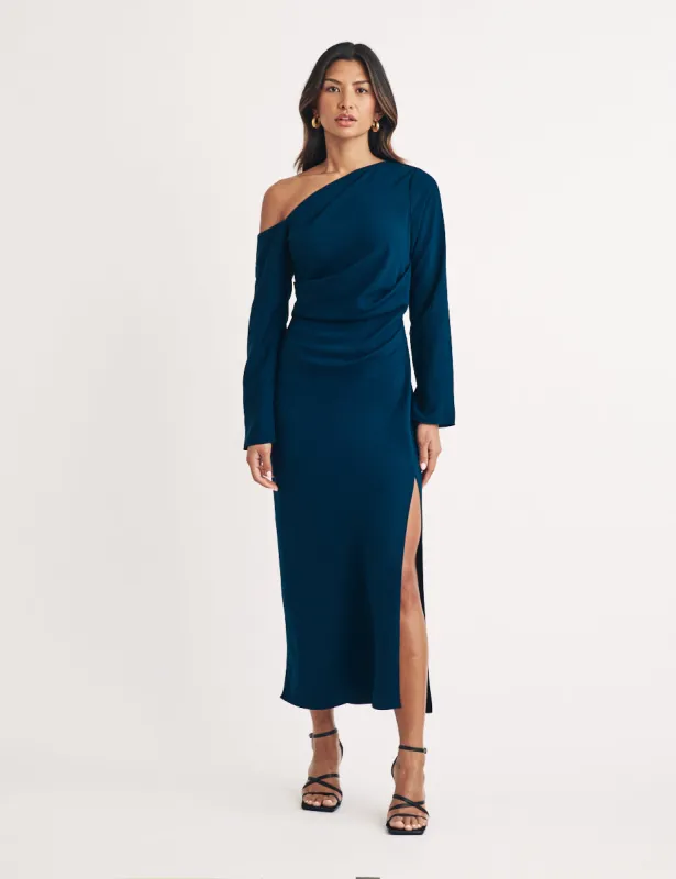 Blue Asymmetric Gathered Katty Midi Dress sold by Nobody's Child