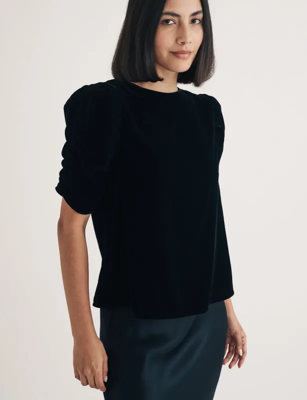 Black Velvet Gathered Sleeve Top sold by Nobody's Child