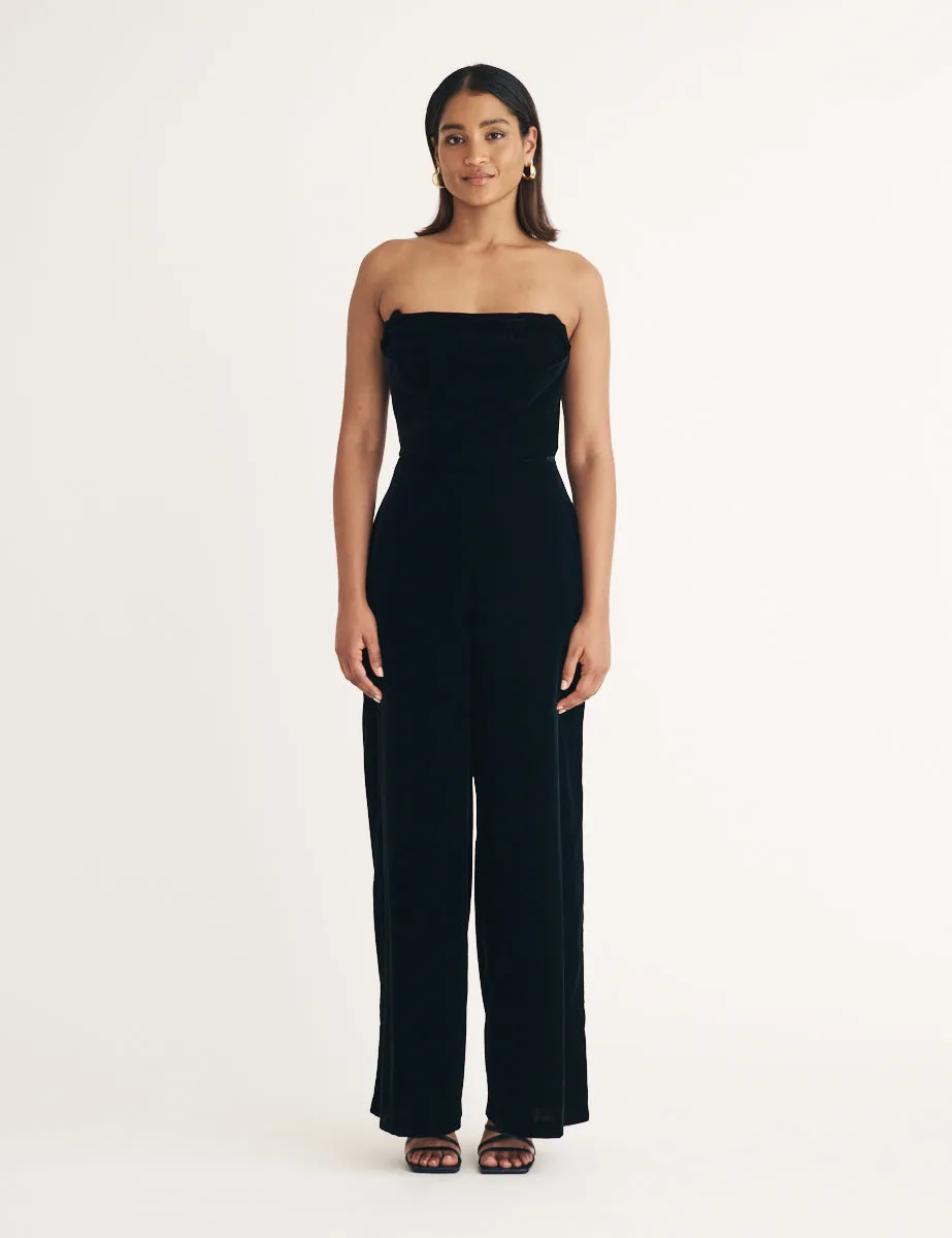 Black Velvet Strapless Jumpsuit sold by Nobody's Child