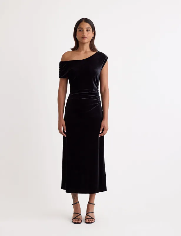 Black Velvet Off Shoulder Skylar Midi Dress made by Nobody's Child
