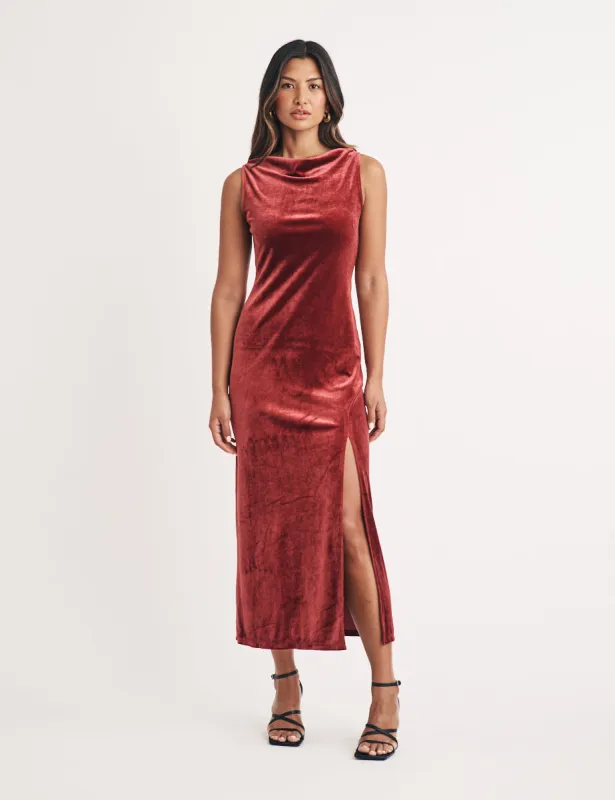 Red Velvet Jersey Camille Midi Dress sold by Nobody's Child