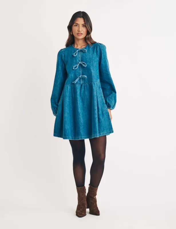 Denim Tie Front Eden Mini Dress sold by Nobody's Child