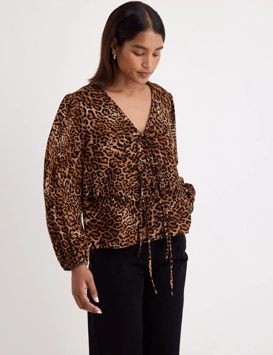 Leopard Print Cord Tie Front Bernadetta Blouse sold by Nobody's Child product image thumbnail 3