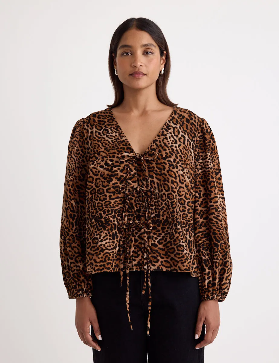 Leopard Print Cord Tie Front Bernadetta Blouse sold by Nobody's Child
